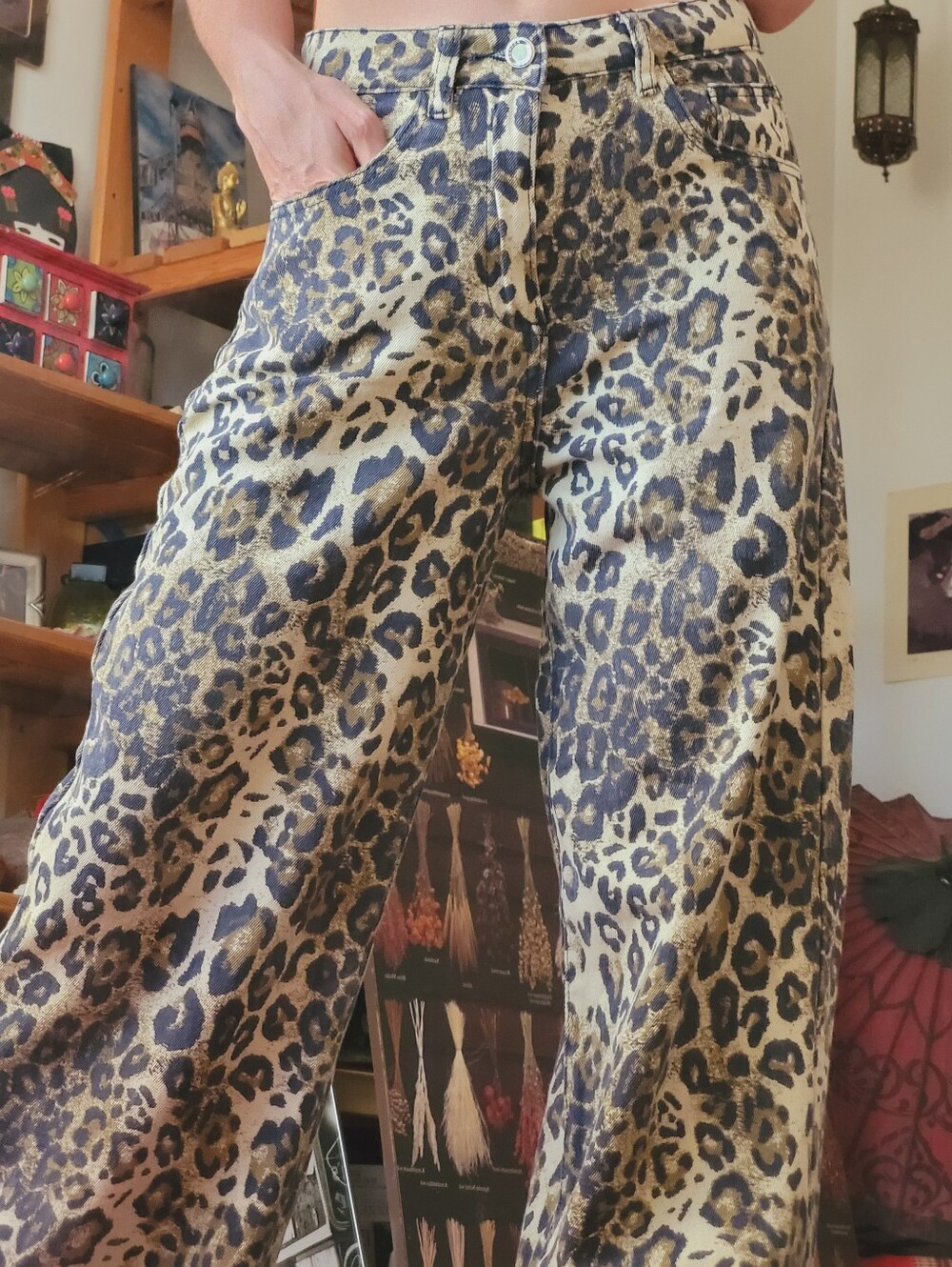 See See Paris Wide Leg Leopard Print Y2k Cotton Jeans - Tan/Black - Size 36